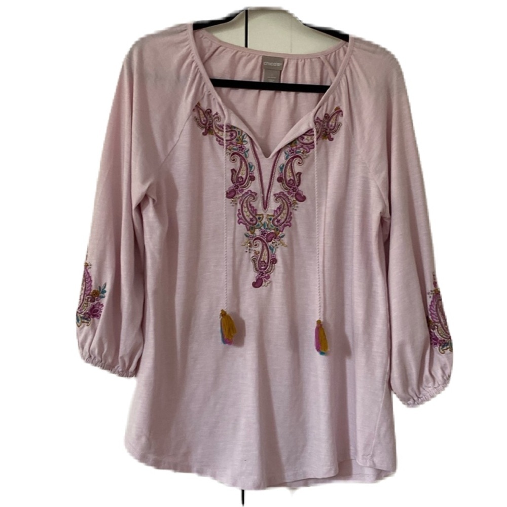 Chico’s Size 1 Embroidered‎ Tassel Top in Pink Embroidery Tassels Chicos Medium